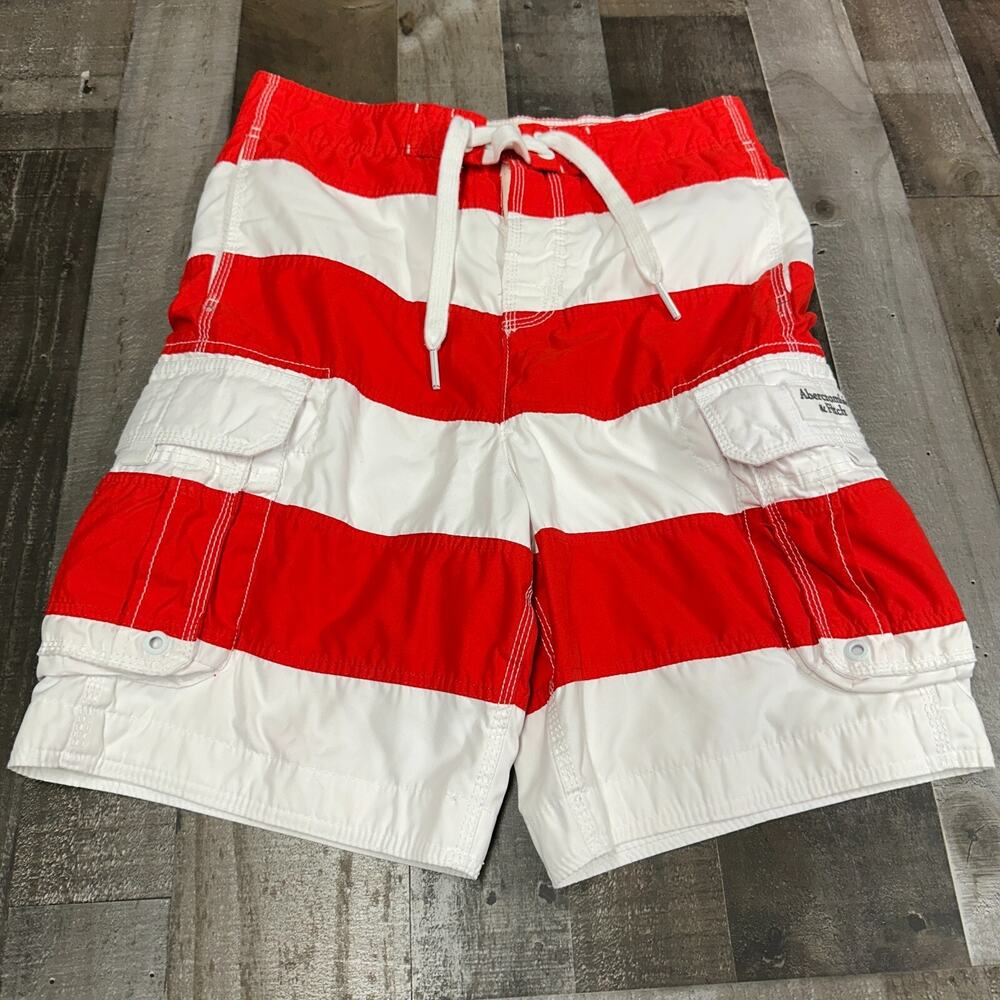 Abercrombie and‎ Fitch Cargo Board Shorts Sz S Red White Stripe Lined Preppy Y2K